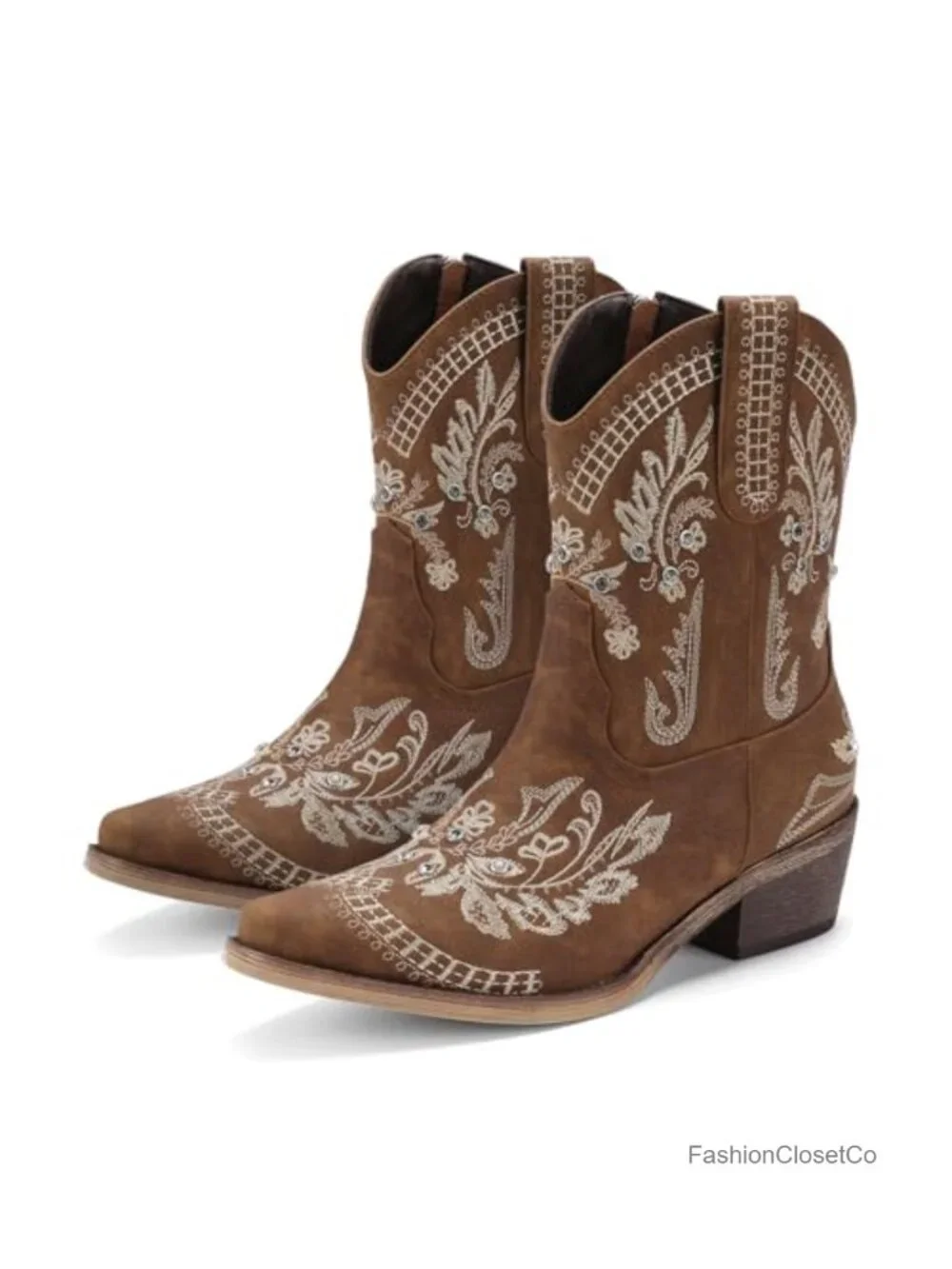 Rhinestone Embroidered Ankle Cowboy Boots with Low Heel Chunky Heel Side Zipper